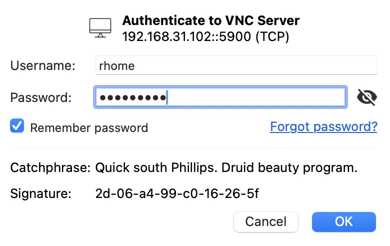 Окно аутентификации VNC-клиента: ввод имени пользователя и пароля для подключения к Raspberry Pi