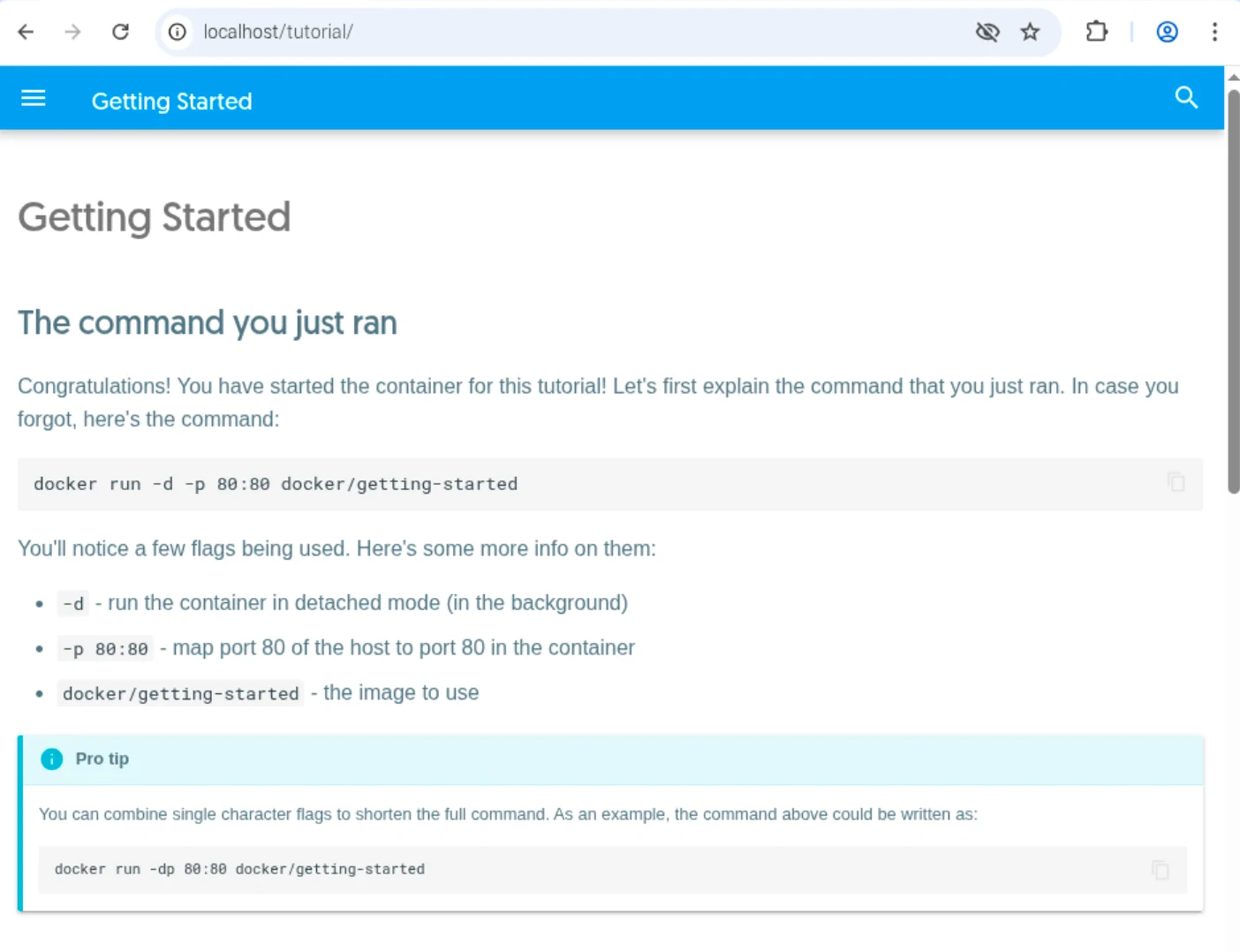 Стартовая страница Docker в браузере по адресу localhost: подтверждение успешной установки и настройки