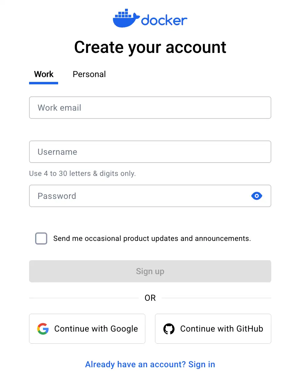 Docker Hub create account форма