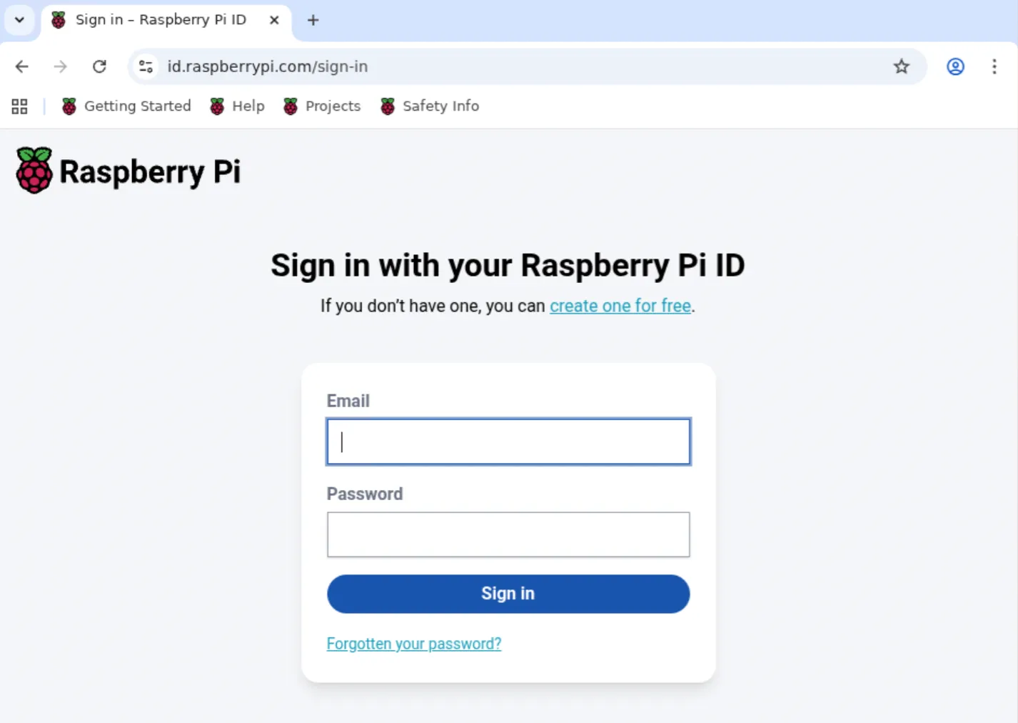 Форма входа Raspberry Pi ID с полями для email и пароля