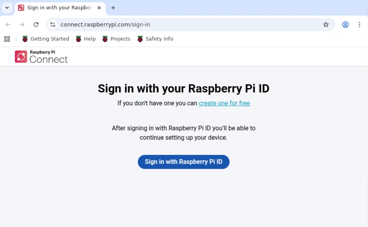 Страница авторизации в браузере с кнопкой Sign in with Raspberry Pi ID