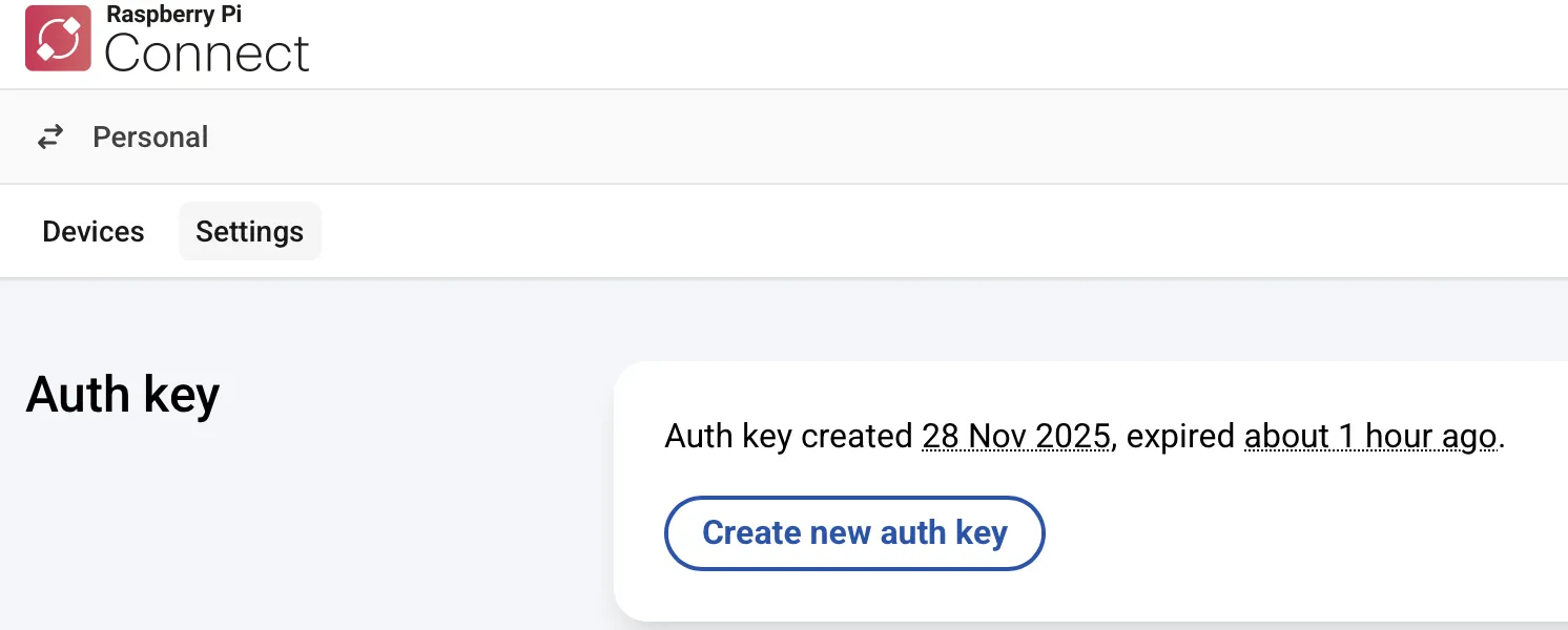 Раздел Auth key в настройках аккаунта Raspberry Pi Connect с кнопкой Create new auth key