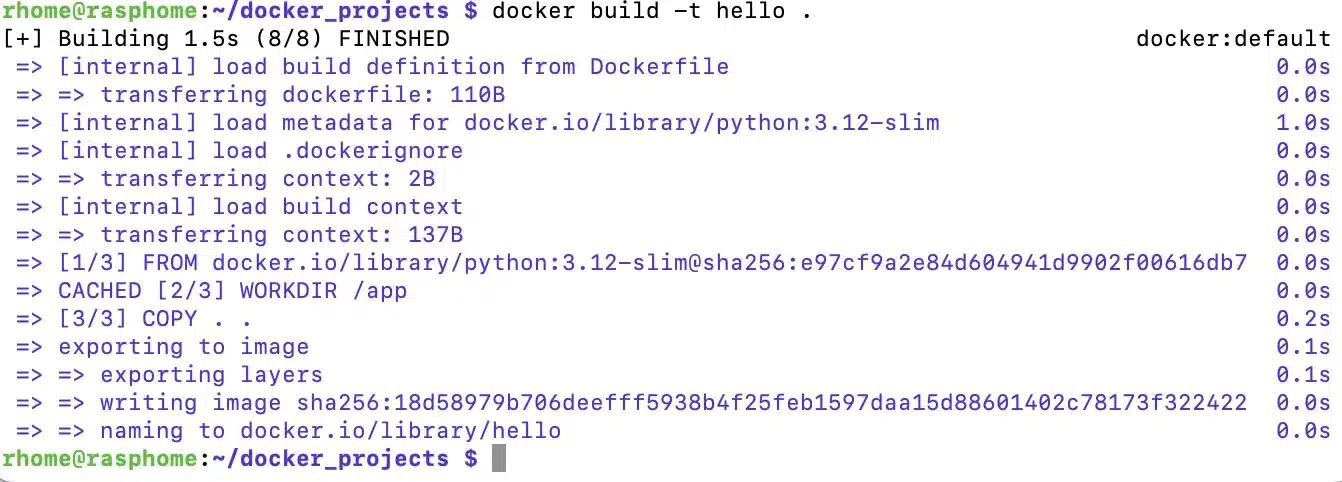 Процесс сборки образа через docker build в терминале