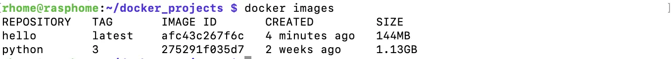 Список образов docker images с собранным образом hello