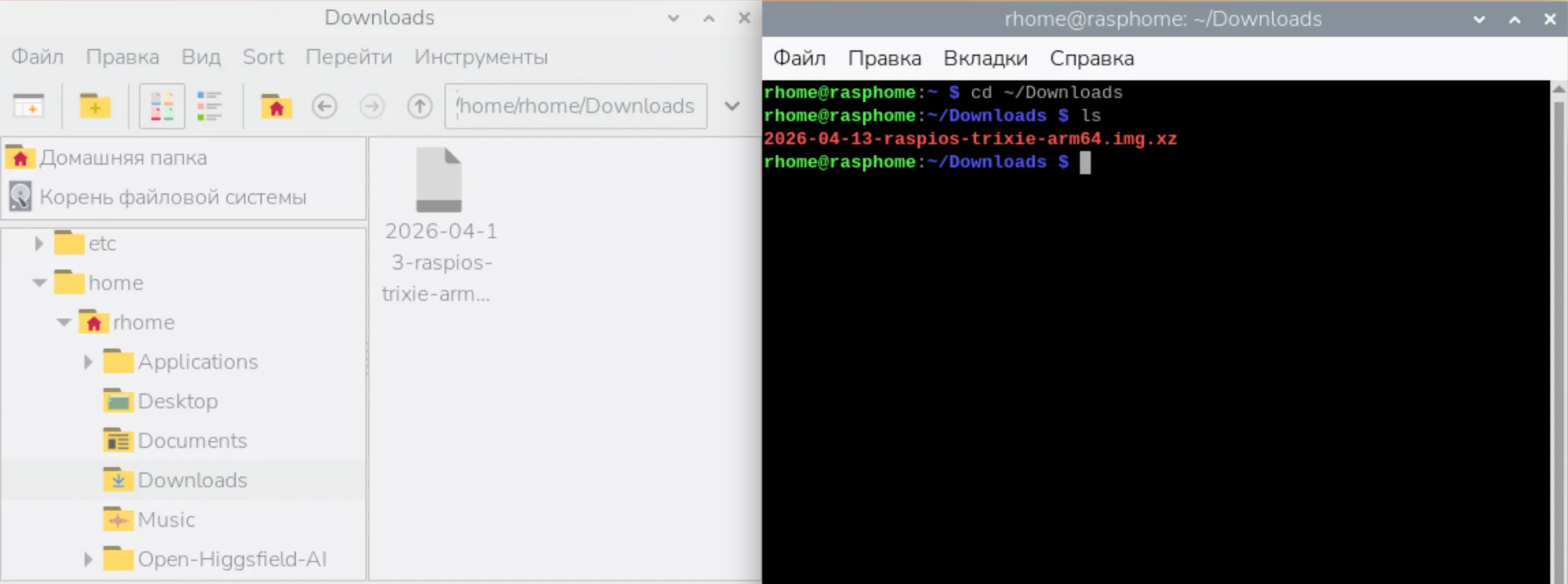 Загруженный образ в директории Downloads на Linux (файловый менеджер и вывод команды ls в терминале)
