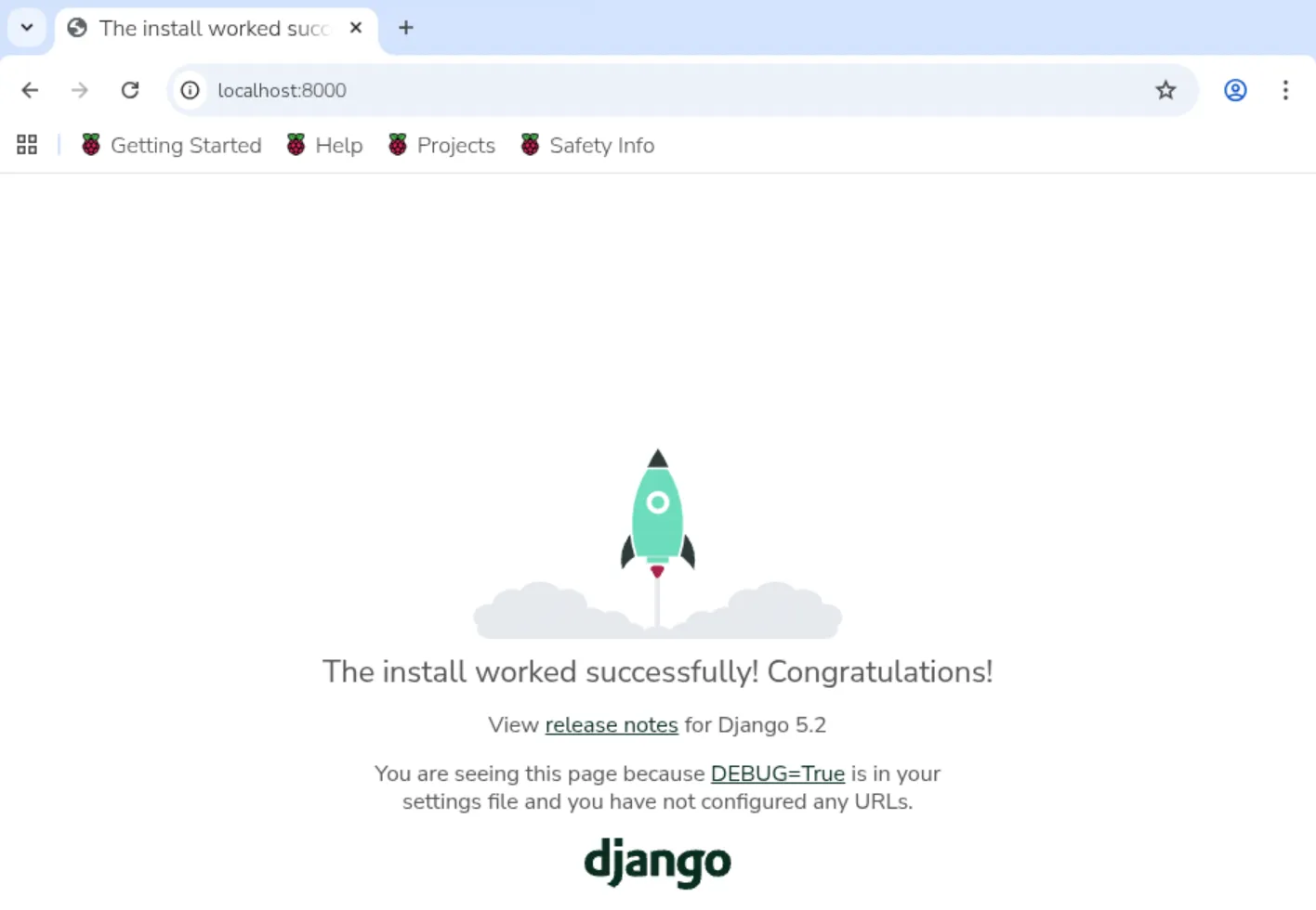 Демонстрация работы Django фреймворка по адресу localhost:8000