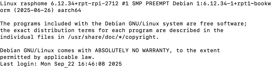 Подтверждение успешного SSH-соединения с Raspberry Pi в терминале Linux