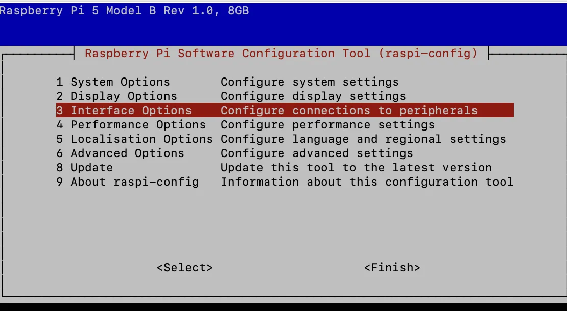 Выбор раздела Interface Options в raspi-config для включения VNC-сервера и SSH на Raspberry Pi
