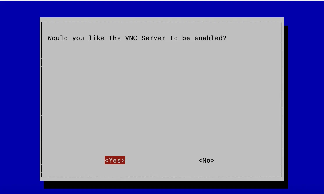 Диалоговое окно подтверждения включения VNC-сервера в raspi-config: выбор Yes для активации удаленного рабочего стола на Raspberry Pi