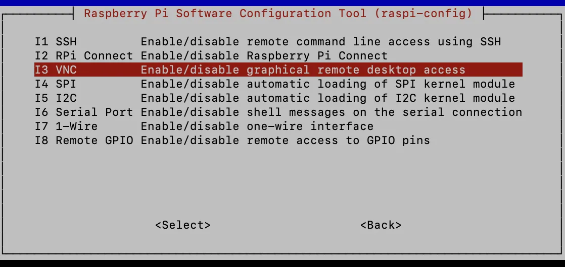Подменю Interface Options в raspi-config: выбор пункта I3 VNC для включения графического удаленного доступа к Raspberry Pi